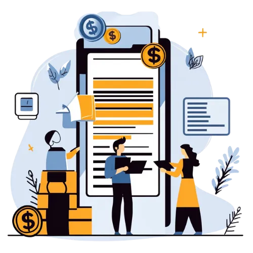 Illustration of professionals calculating payroll with documents and a tablet