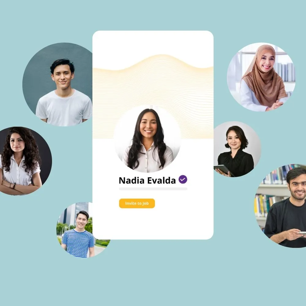 Digital talent platform interface showing candidate profiles for hiring skilled professionals across Southeast Asia