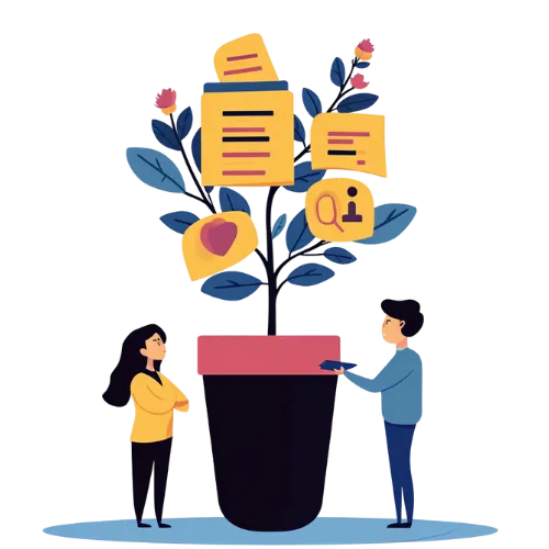 Illustration of a growing plant with documents and icons representing scalable payroll services